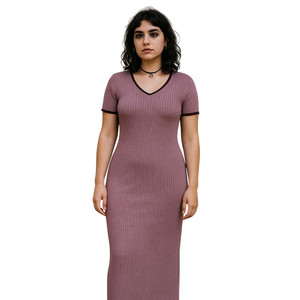 90s Xhilaration Mauve Ribbed Knit Maxi Dress V-Neck Short‎ Sleeve Medium USA